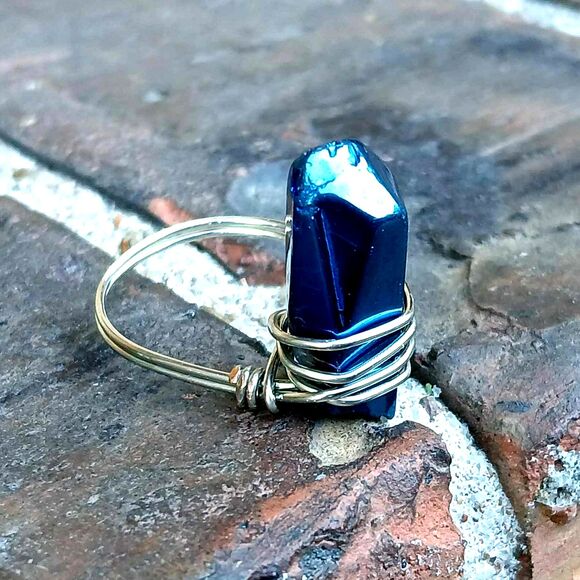 Titanium Coated Quartz Crystal Point Ring, Wire Wrapped, Silver, Size 9 - Picture 2 of 3